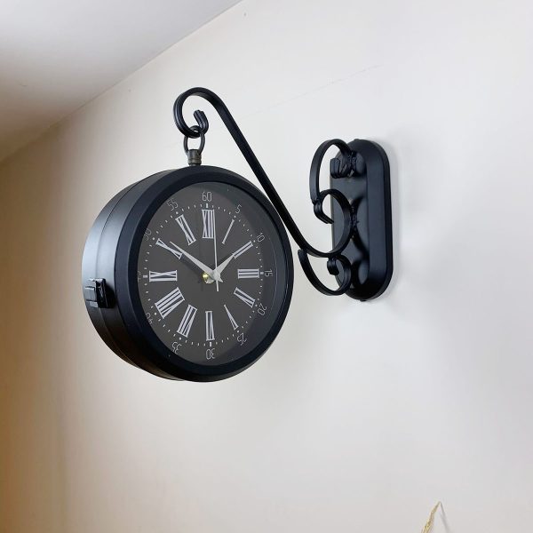 Siyah Metal Roma Rakamlı Çift Taraflı İstasyon Saati 36x25 cm