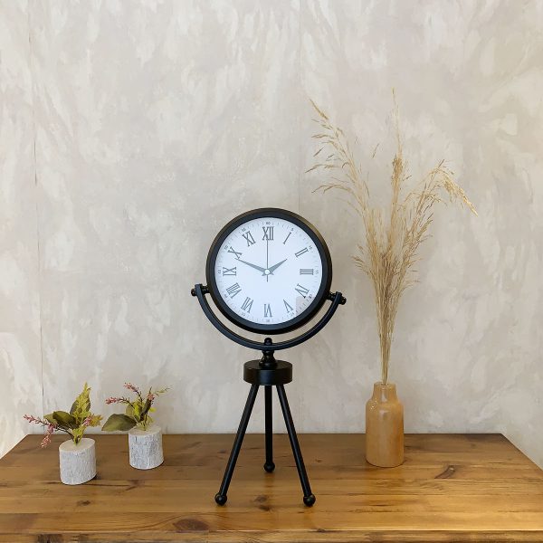 Siyah Metal Mini Tripod Roma Rakamlı Masa Saati 45x26 cm