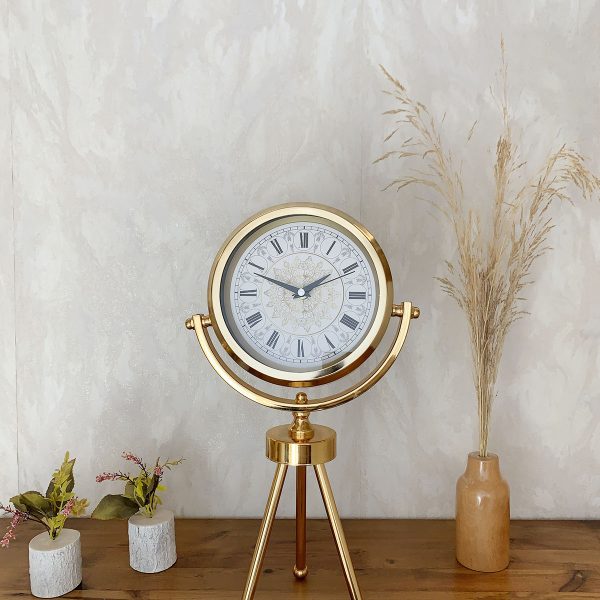 Gold Metal Mini Tripod Çini Desenli Roma Rakamı Masa Saati 45x26 cm
